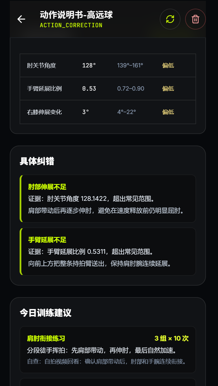 动作说明书问题依据与训练建议界面